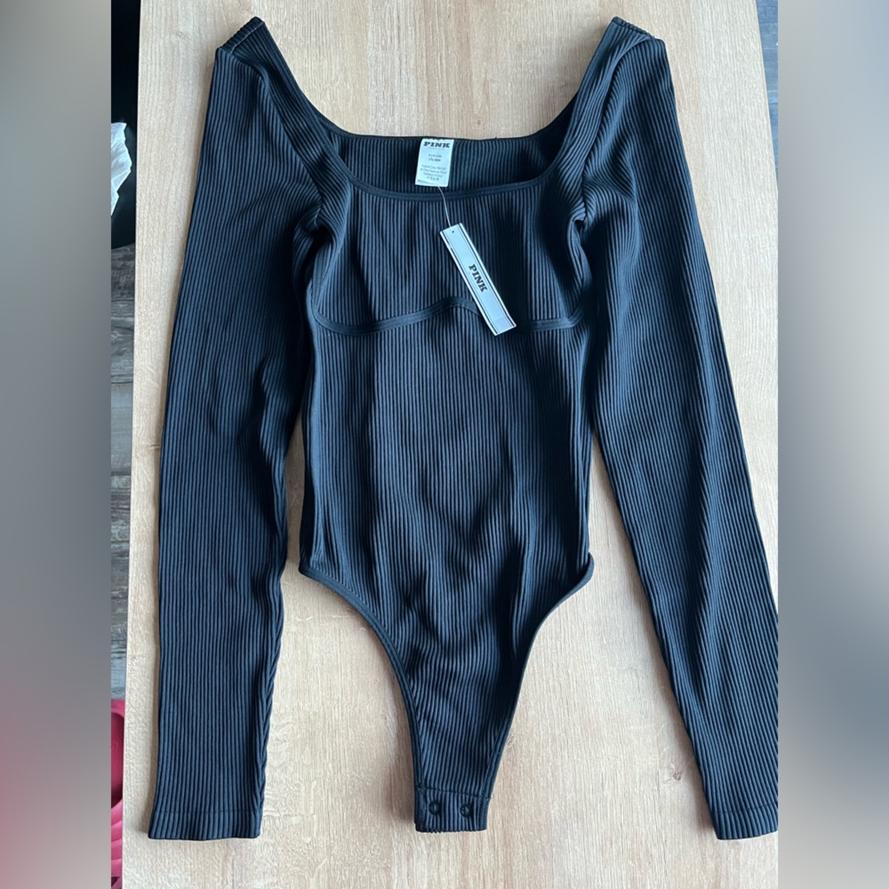 Victorias Secret Pink Black Ribbed Body Suit Thong Long Sleeve Scoop Neck